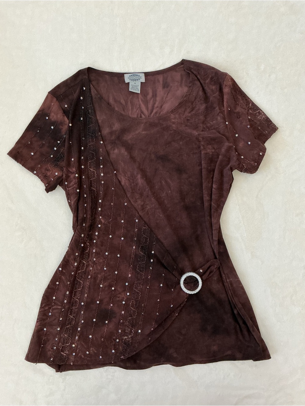 Sienna Grace Brown Embellished Asymmetrical Faux Wrap Top Medium Y2K